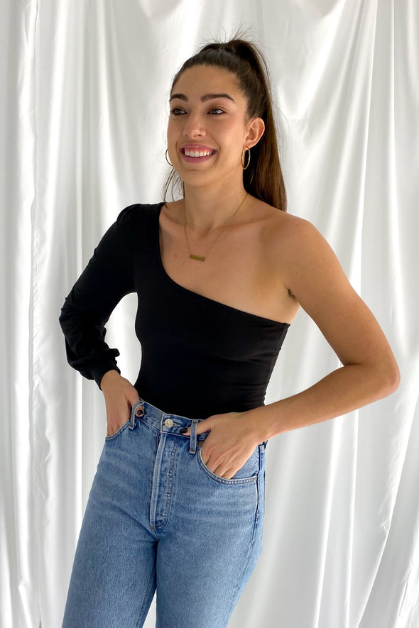 Look Back One Shoulder Long Sleeve Bodysuit | Black - We’re About That