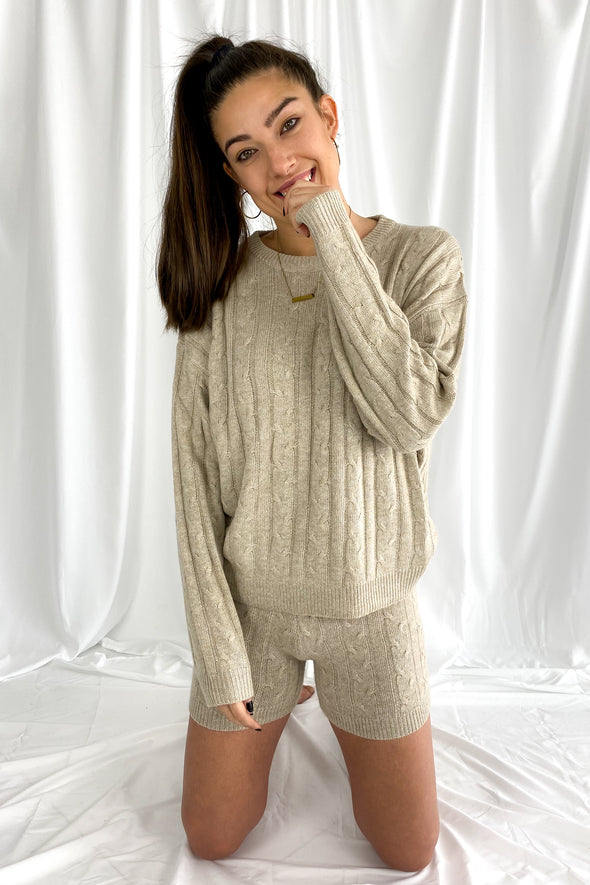 Low Key Cable Knit Sweater Shorts | Tan - We’re About That
