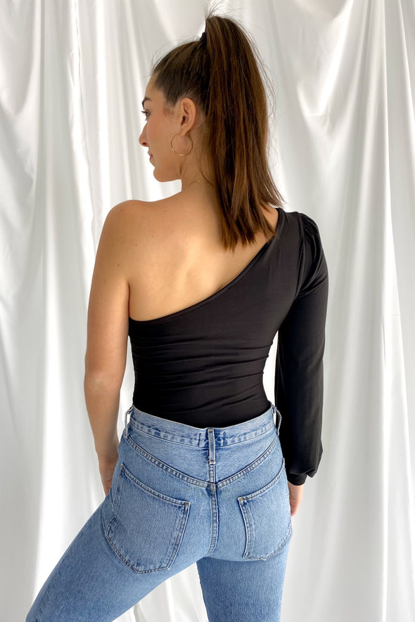 Look Back One Shoulder Long Sleeve Bodysuit | Black - We’re About That