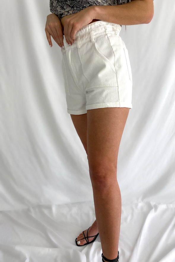 Sarah Denim Paperbag Shorts | White - We’re About That