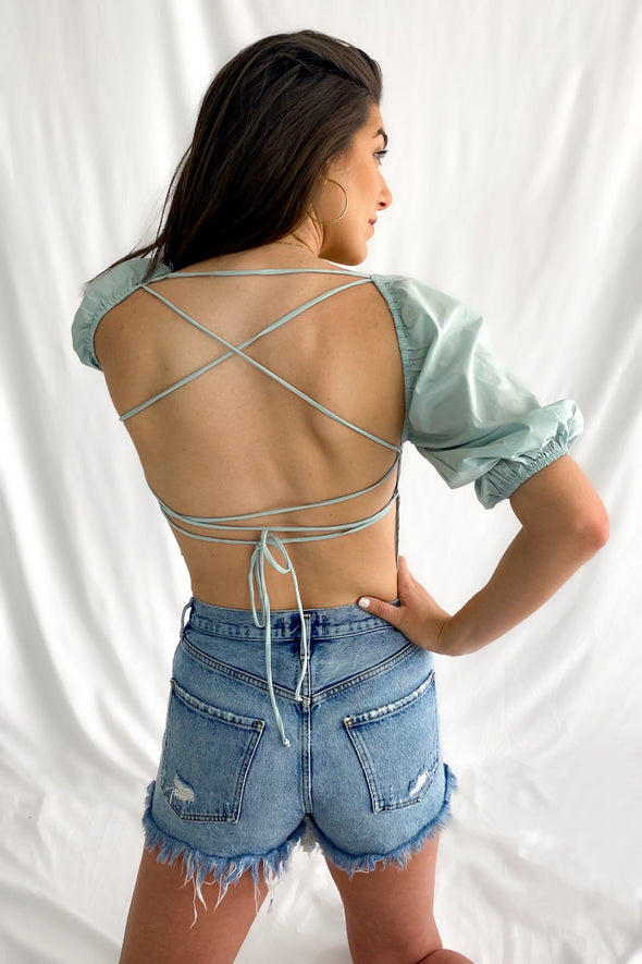 Cross Your Mind Open Back Top | Baby Blue - We’re About That